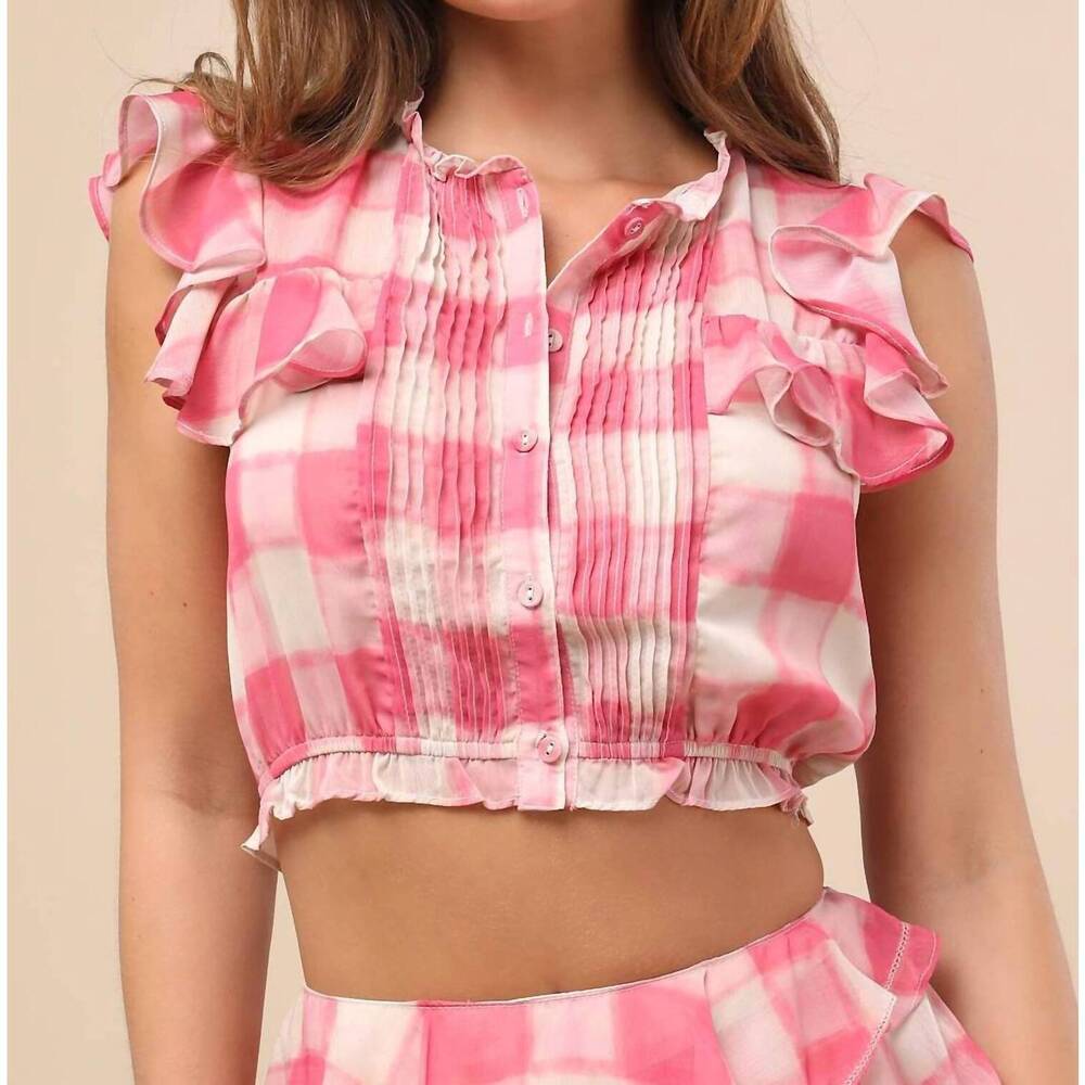 NEW JACQUIE THE LABEL giada flutter sleeve crop top in pink/ivory plaid